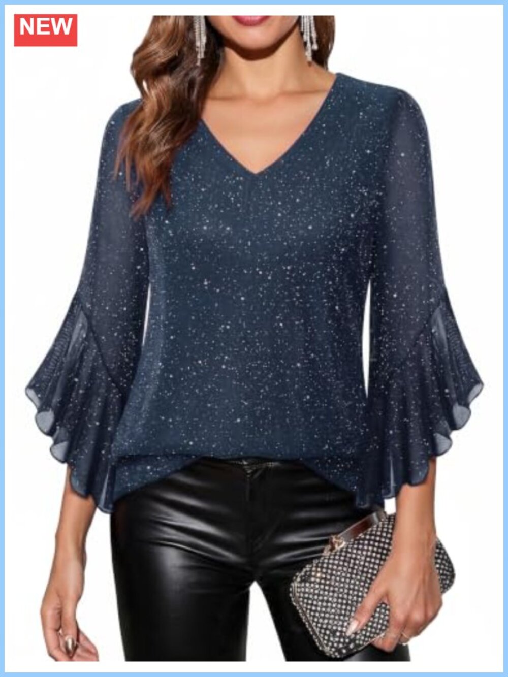 Women Sequin Tunic Top 3/4 Ruffle Bell Sleeve V-Neck Dressy Blouse